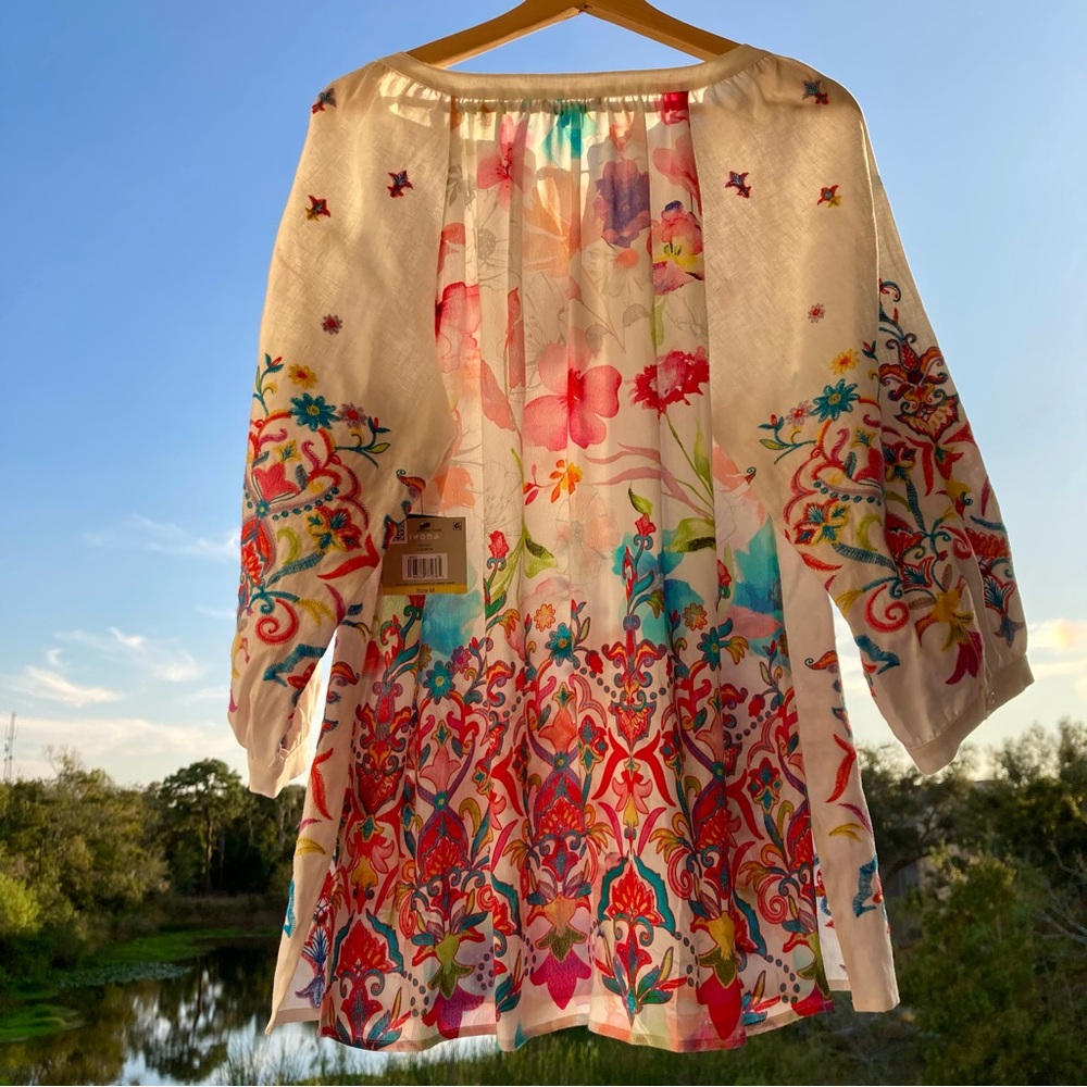 NWT BLOUSE John Mark Multicolor Embroidered Top /Tunic with Tassel Size: M